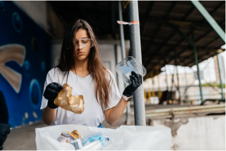 Jovem com luvas e óculos de proteção separando resíduos plásticos para reciclagem, representando gestão de resíduos e práticas de desperdício zero.