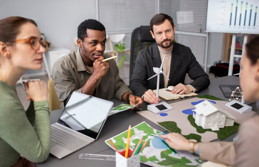 Para esta imagem, o Alt Text deve refletir a colaboração estratégica e o planejamento que o texto descreve, conectando a gestão de resíduos ao pilar de governança e estratégia do ESG. Aqui estão as opções otimizadas: Opção 1: Focada em Estratégia e ESG (Ideal para o contexto) Alt Text: Grupo de profissionais em reunião estratégica analisando maquete sustentável com miniaturas de turbinas eólicas, representando a integração da gestão de resíduos ao ESG e à governança corporativa.