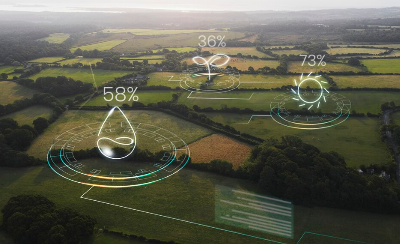 Infográfico digital sobreposto a uma paisagem rural, exibindo ícones de gota d'água, folha e sol com porcentagens, simbolizando o monitoramento de indicadores ambientais na indústria.
