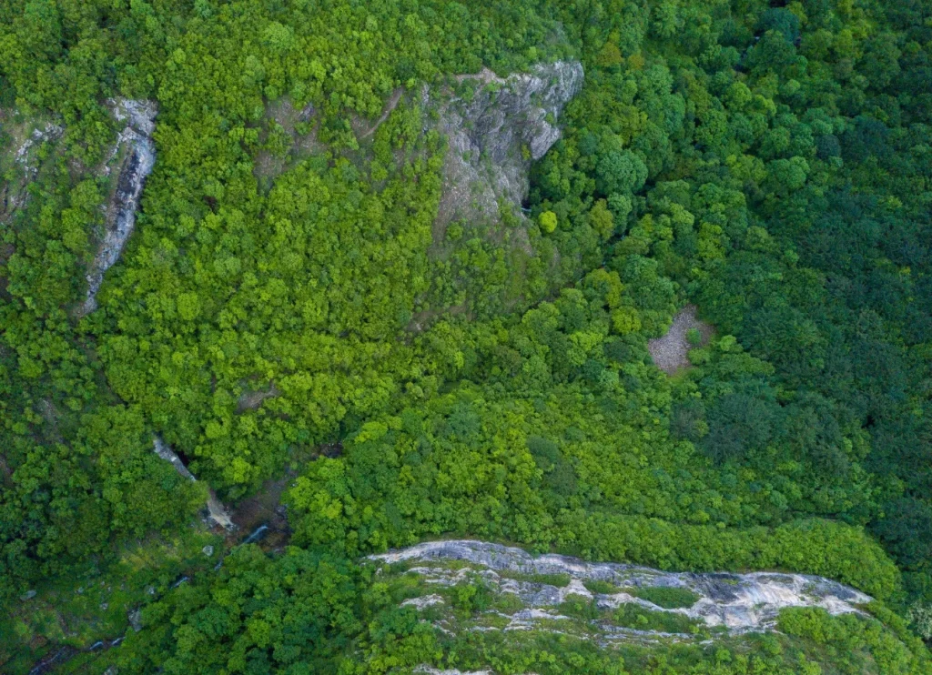 Vista aérea de uma densa floresta verde preservada com formações rochosas e encostas. Imagem conceitual do Grupo Recicla representando a preservação ambiental e a estratégia de Aterro Zero na indústria para a agenda ESG.